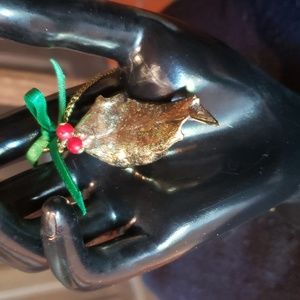 Genuine 24K GEP Holly Leaf Convertible Pin/Necklace with Berries & Ribbon Bow